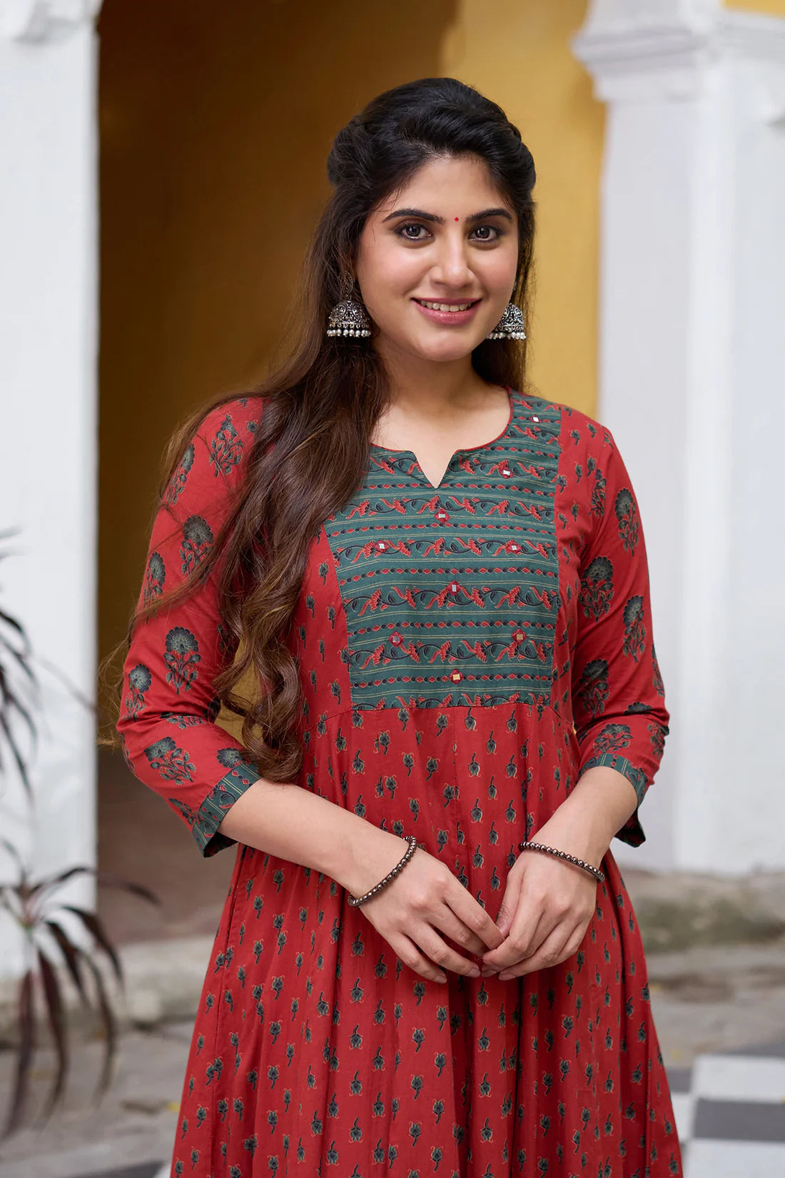 Rust Cotton Anarkali Suit with Floral Design and Foil Mirror Embellished Overlay