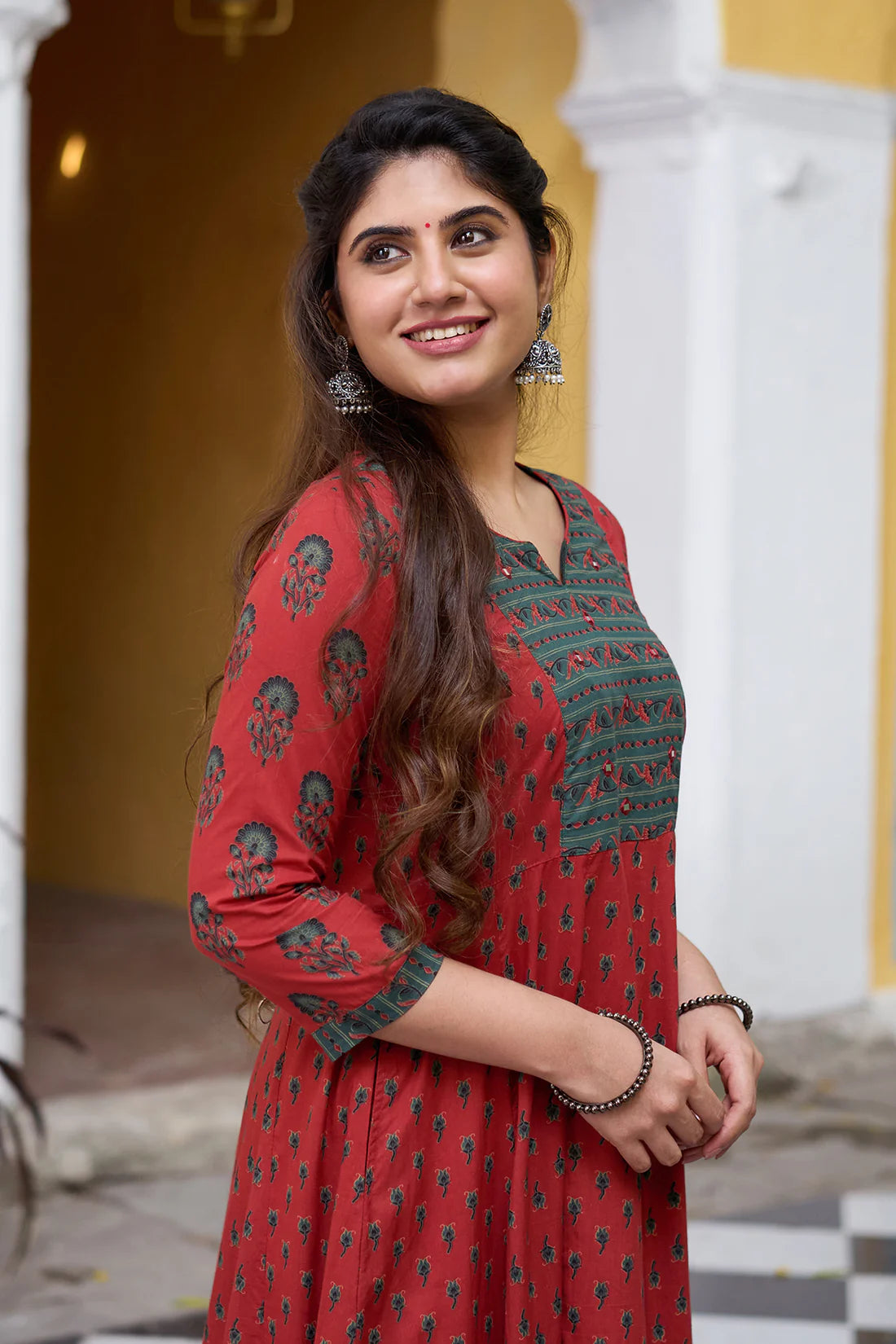 Rust Cotton Anarkali Suit with Floral Design and Foil Mirror Embellished Overlay