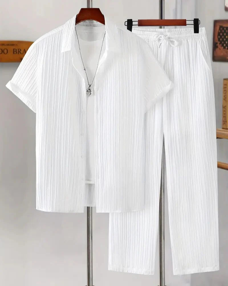 Men’s White Pleated Top & Bottom Set Relaxed Fit Casual