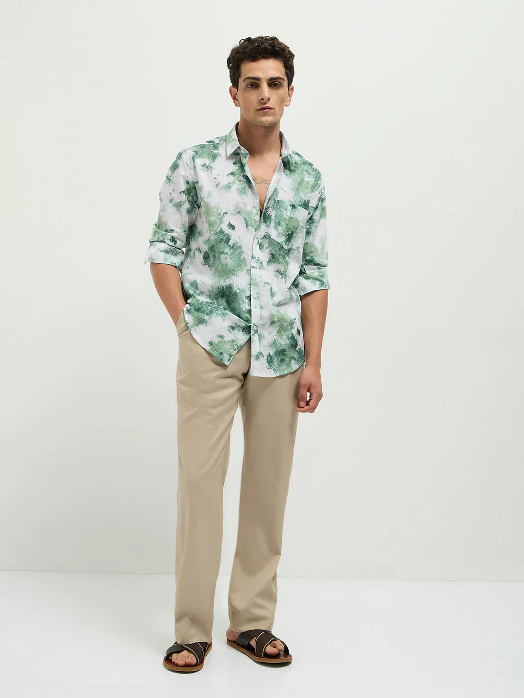 Designer Inspired Green Printed Casual Shirt for Men with Long Sleeve Styling