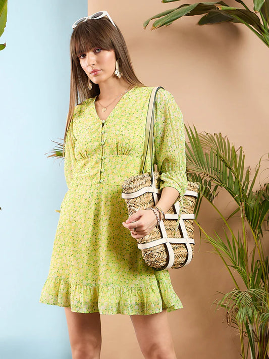 Flirty Lime Yellow Short Dress with Ditsy Floral Print and Frill Hem Comfortable and Chic