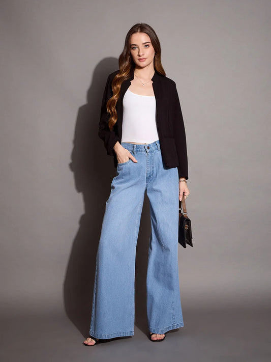 Trendy Blue Low Waist Wide Leg Jeans for Women Lightweight Stylish and Modern
