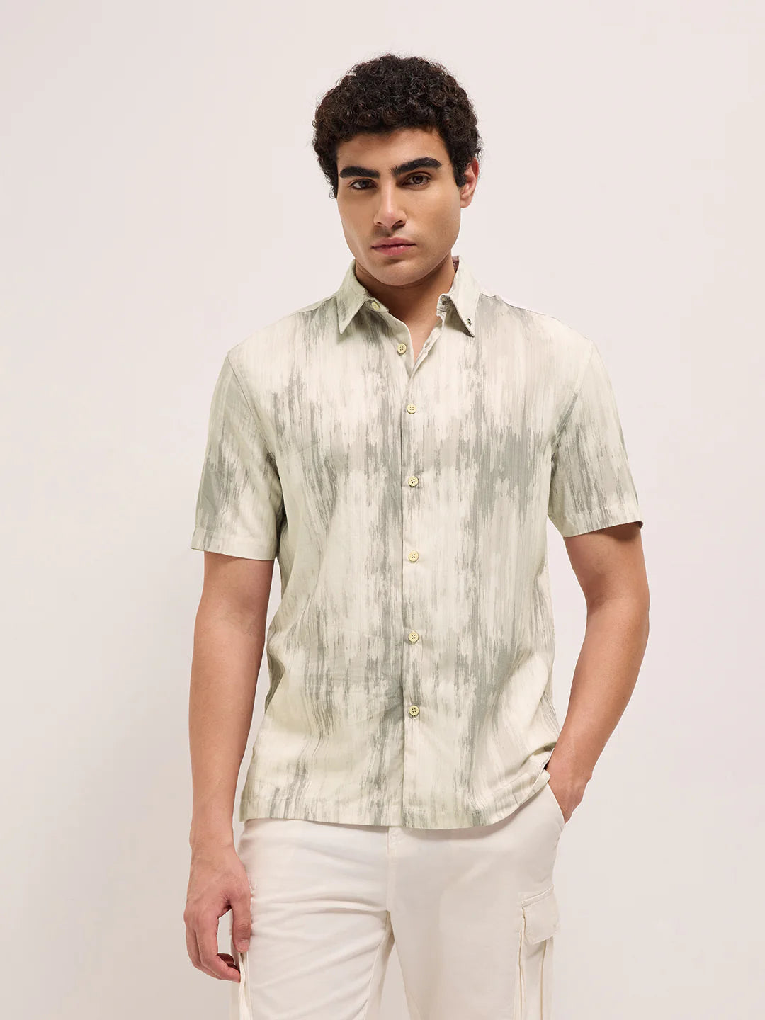 Soft Grey and Cream Vertical Brushstroke Print Casual Shirt Relaxed Fit Lightweight and Breathable for Summer