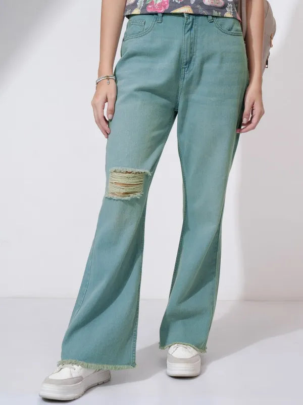 Casual Women’s Blue Flared Jeans with High Distress Accents for Street and Leisure Looks