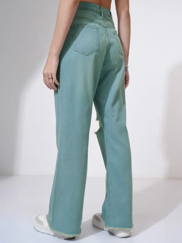 Casual Women’s Blue Flared Jeans with High Distress Accents for Street and Leisure Looks