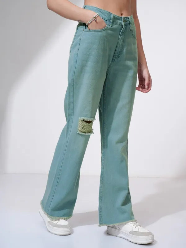Casual Women’s Blue Flared Jeans with High Distress Accents for Street and Leisure Looks