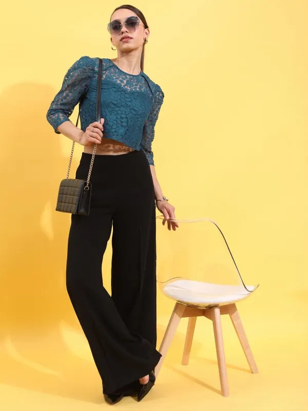 Lightweight Women’s Teal Self Design Regular Top with Relaxed Fit and Soft Fabric