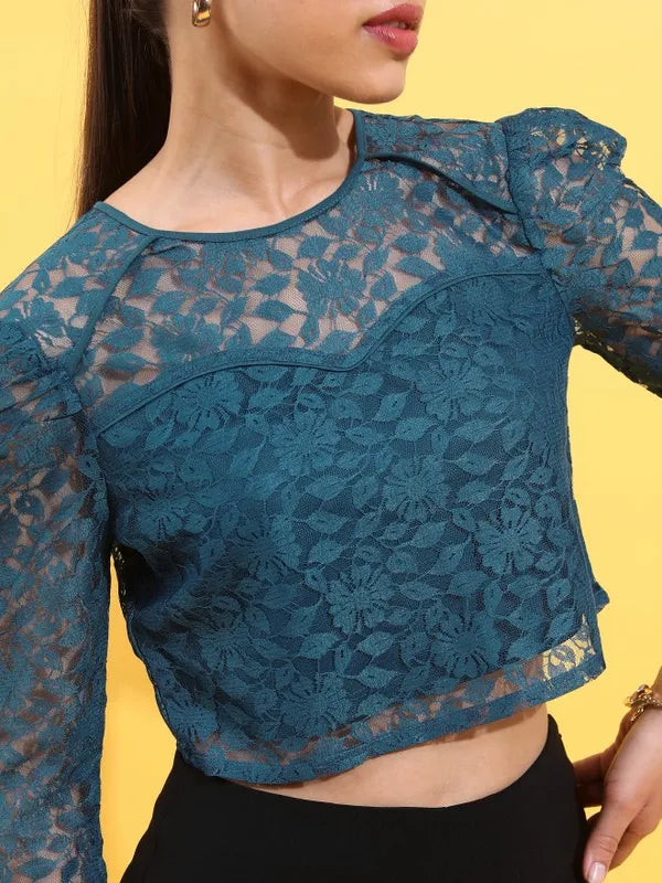 Lightweight Women’s Teal Self Design Regular Top with Relaxed Fit and Soft Fabric