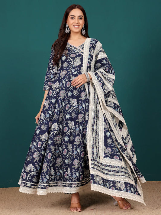 Sophisticated Women’s Angrakha Anarkali Kurta with Floral Print, Coordinated Trouser and Dupatta for Festive Gatherings and Traditional Wear