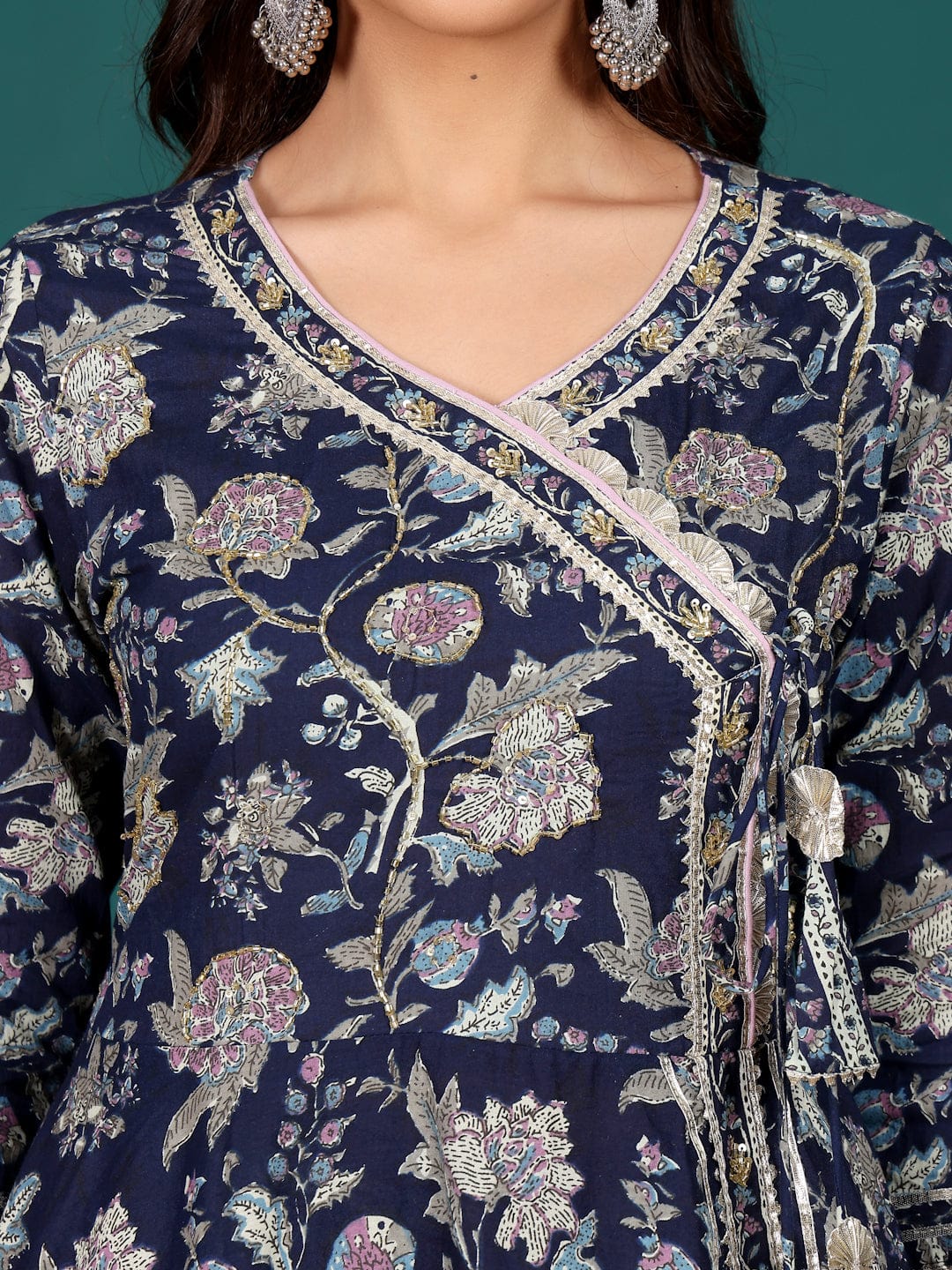 Sophisticated Women’s Angrakha Anarkali Kurta with Floral Print, Coordinated Trouser and Dupatta for Festive Gatherings and Traditional Wear