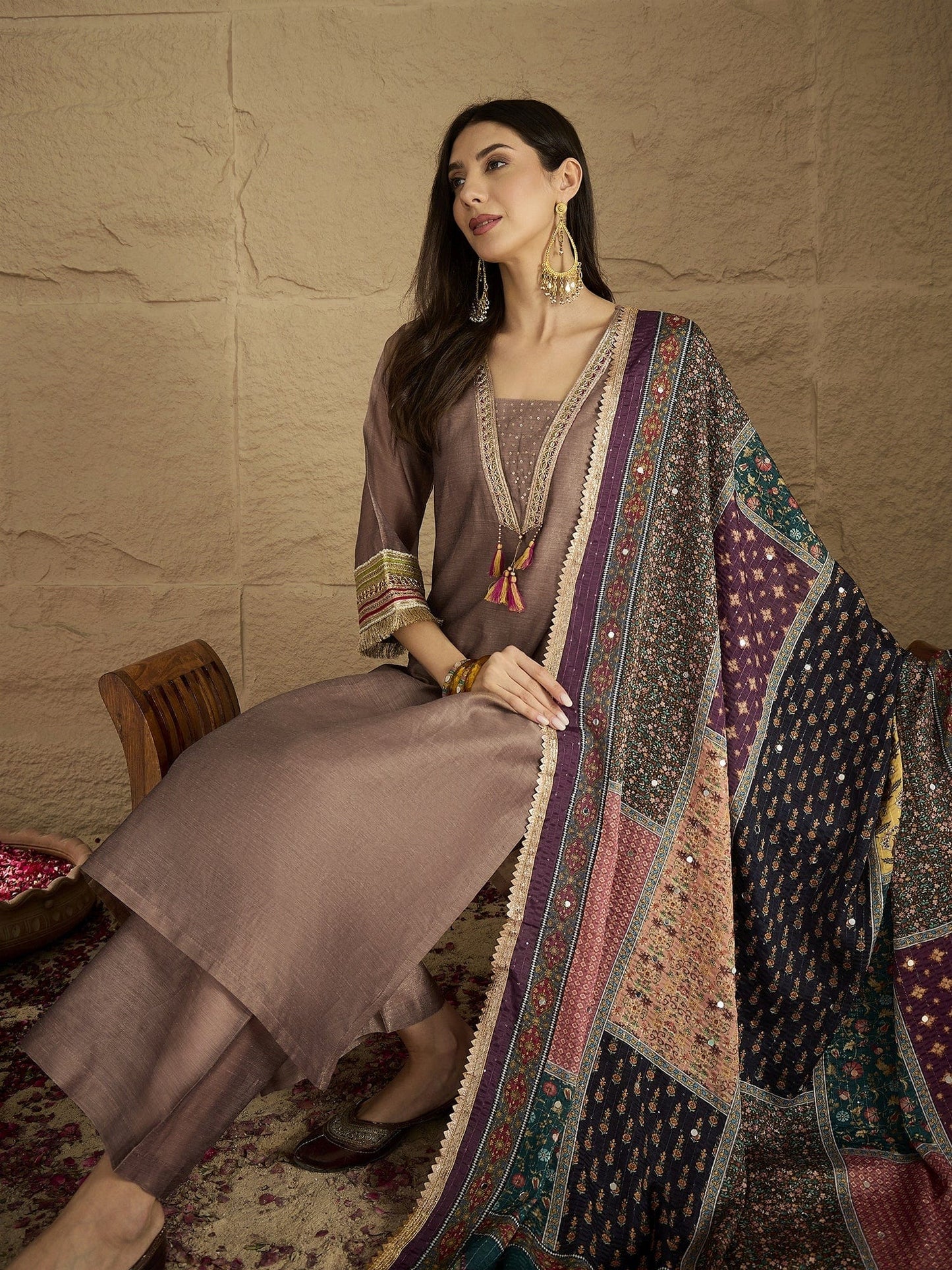 Designer Women’s Brown Shimmer Kurta Set with Lace Accents Solid Ankle-Length Pants and Elegant Printed Dupatta