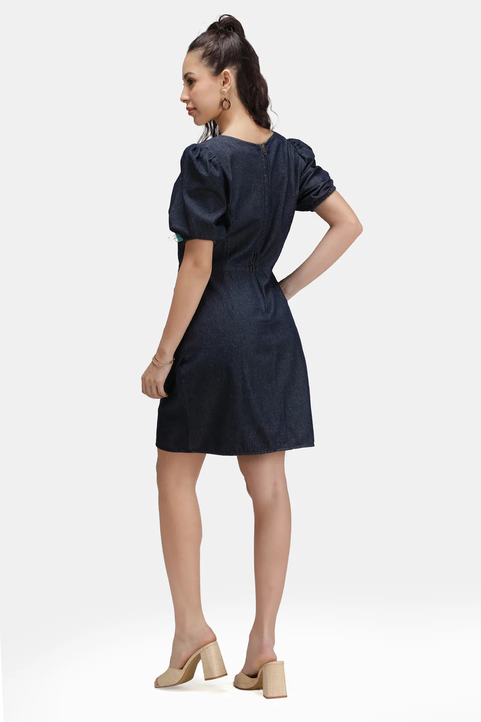 Everyday Wear Cotton Denim Mini Dress with Pleats