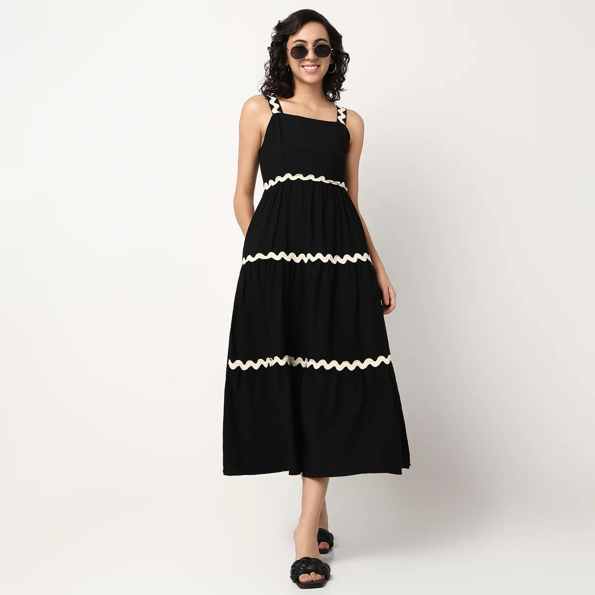 Elegant Woven Flared Dress with Strappy Design for Casual and Party Wear