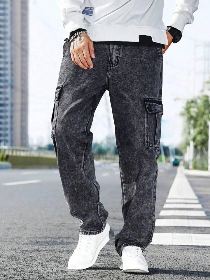 Men’s Charcoal Black Wide Leg Cargo Jeans with 6 Pockets and Mid Rise Fit