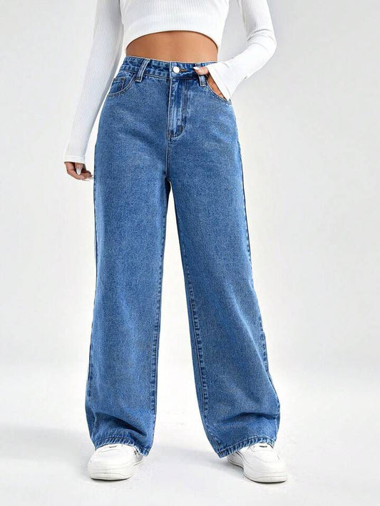 Casual Women’s Loose Fit High Waist Blue Denim Flared Jeans for Work, Home, and Leisure