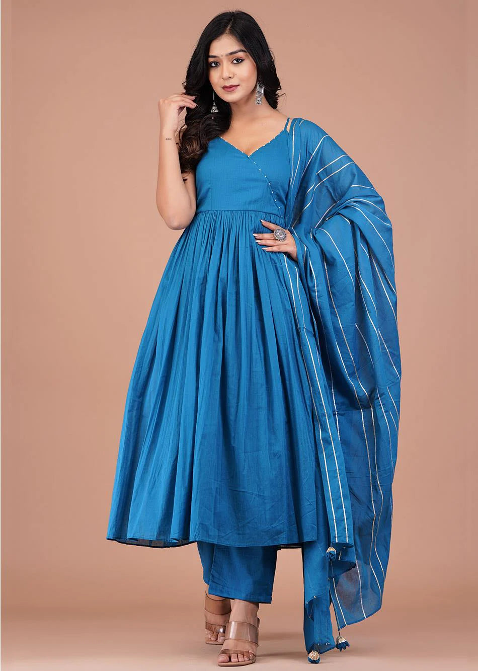 Graceful Teal Blue Ethnic Angrakha Anarkali Suit with Strappy Neckline and Full Flared Skirt for Weddings and Celebrations