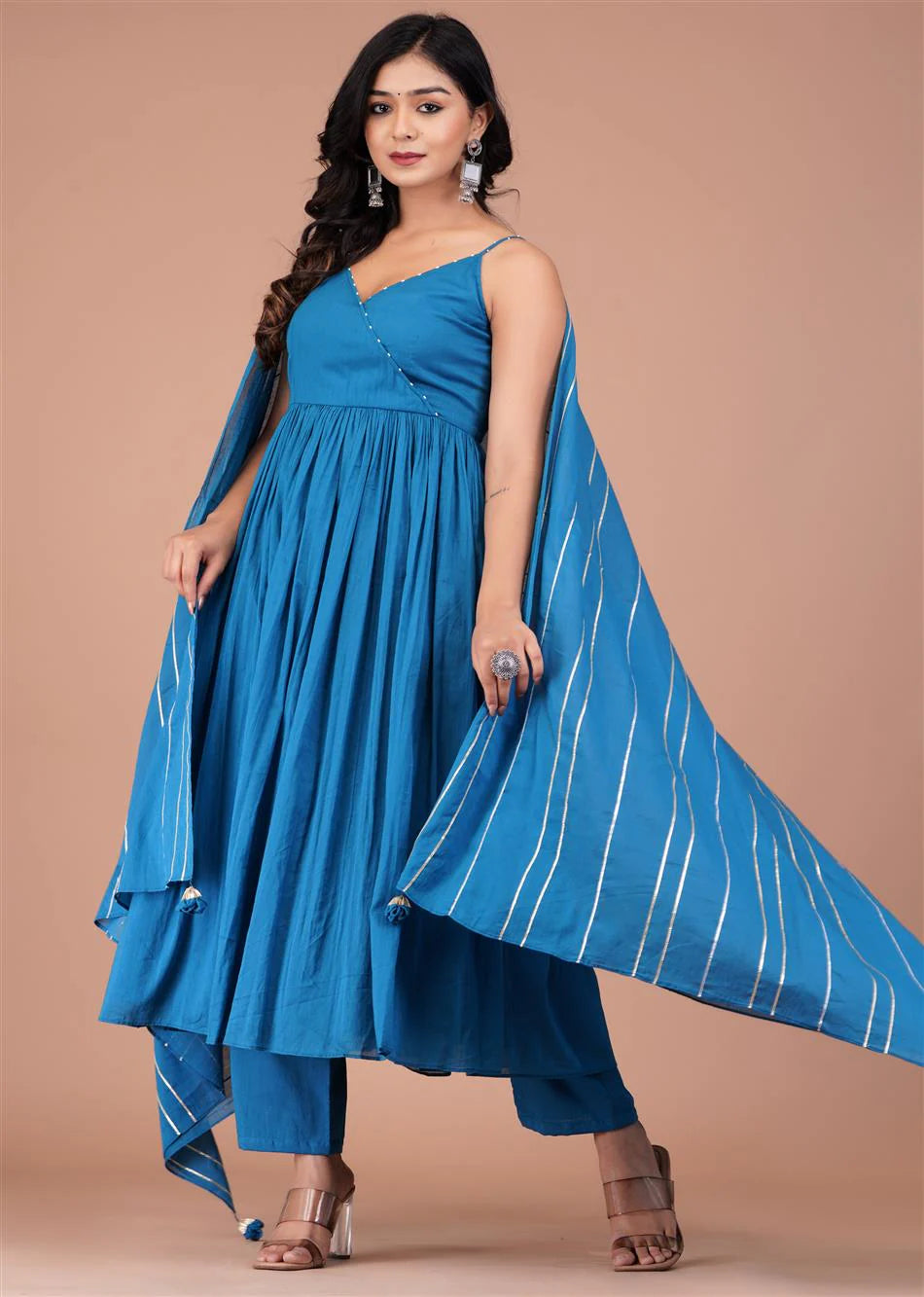 Graceful Teal Blue Ethnic Angrakha Anarkali Suit with Strappy Neckline and Full Flared Skirt for Weddings and Celebrations