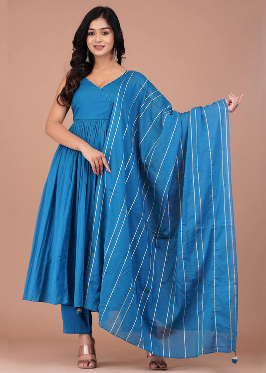 Graceful Teal Blue Ethnic Angrakha Anarkali Suit with Strappy Neckline and Full Flared Skirt for Weddings and Celebrations