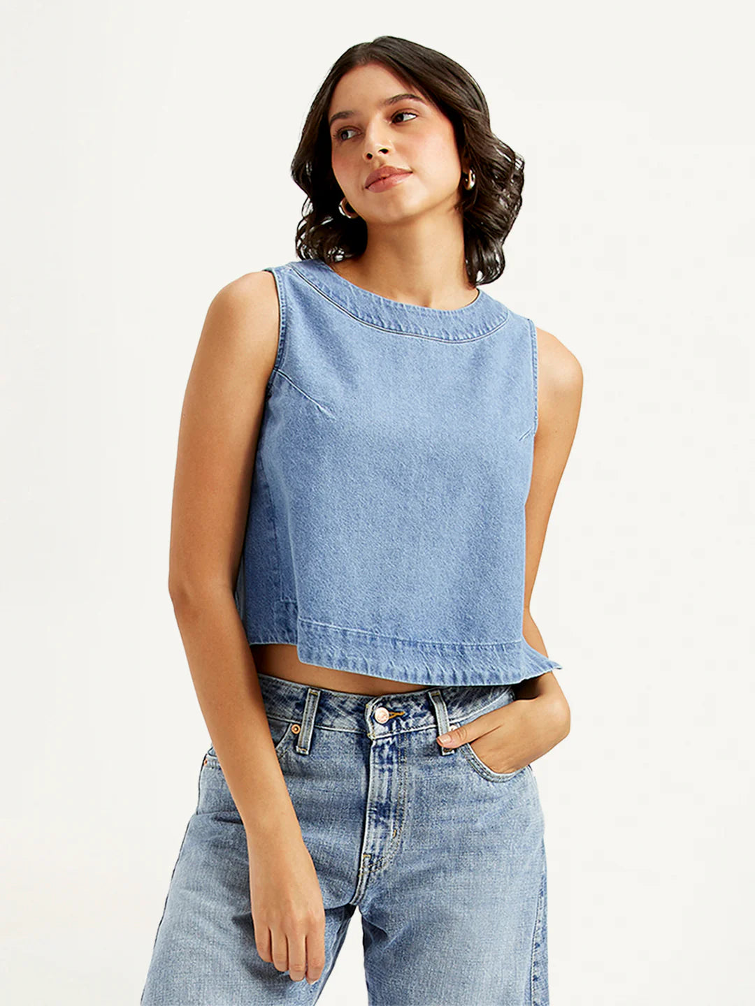 Trendy Women’s Solid Light Blue Denim Crop Top for Layering, Street Style, and Casual Wear