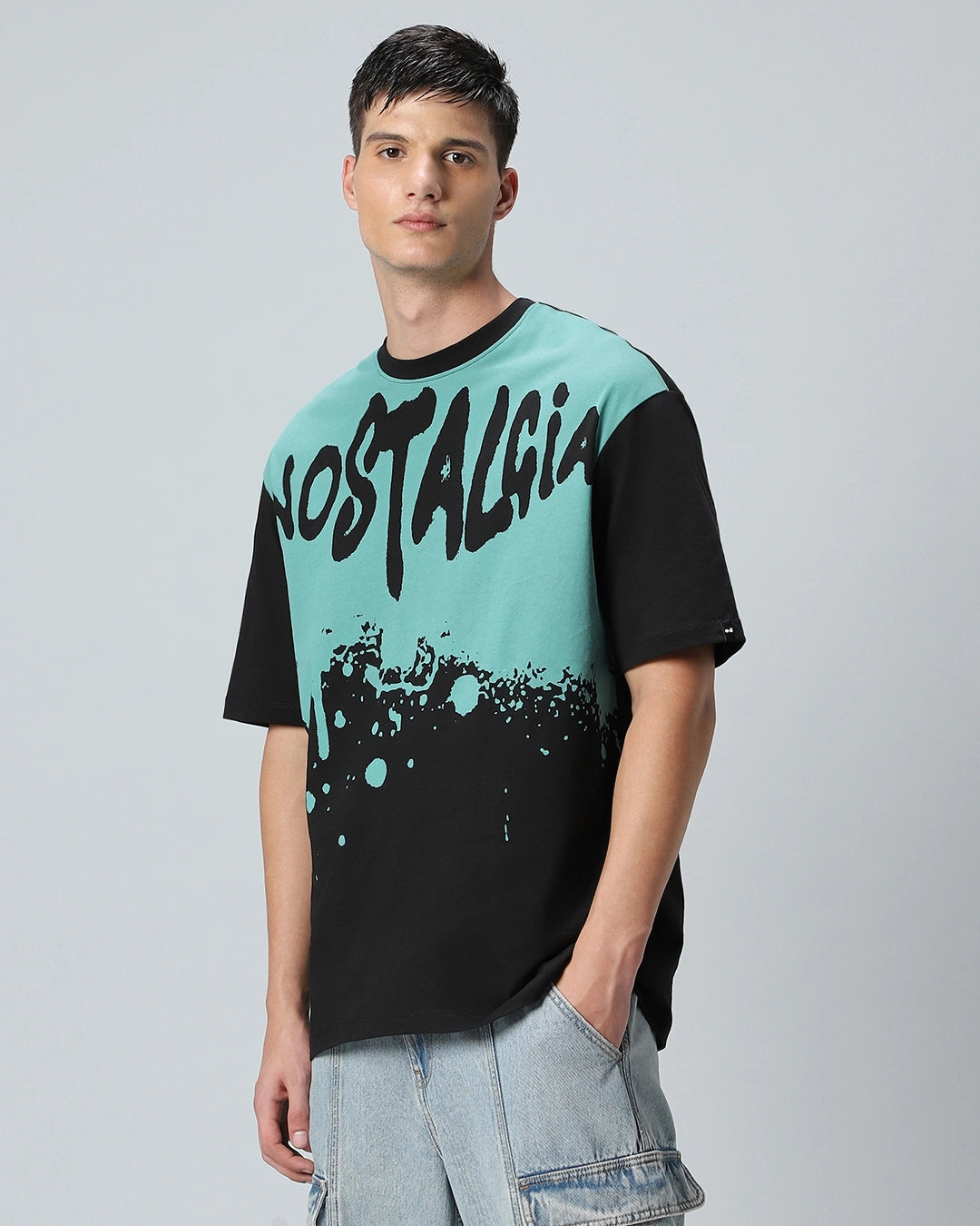 Stylish Oversized Round Neck T-Shirt for Men in Black and Green with Nost Print