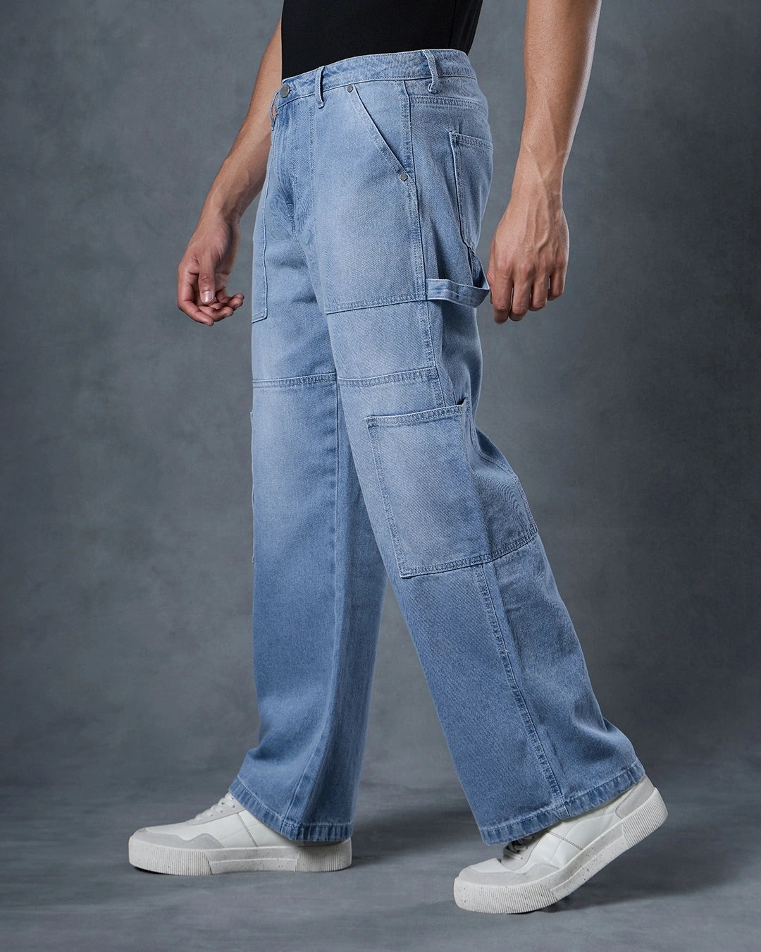 Loose Fit Blue Washed Denim Carpenter Jeans for Men with Cargo Pockets