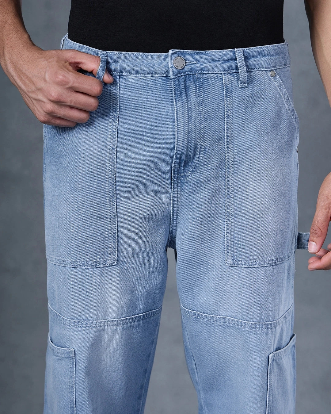 Loose Fit Blue Washed Denim Carpenter Jeans for Men with Cargo Pockets