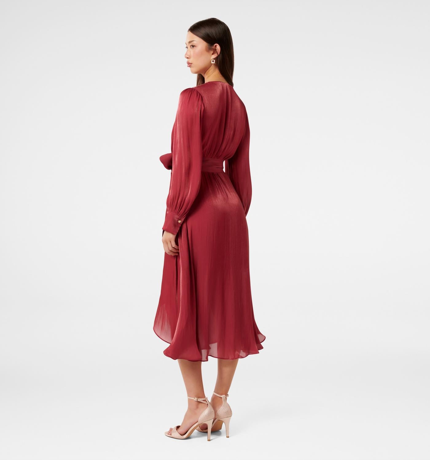 Trendy Metallic Wrap Dress in Midi Length with Shiny Fabric and Elegant Look