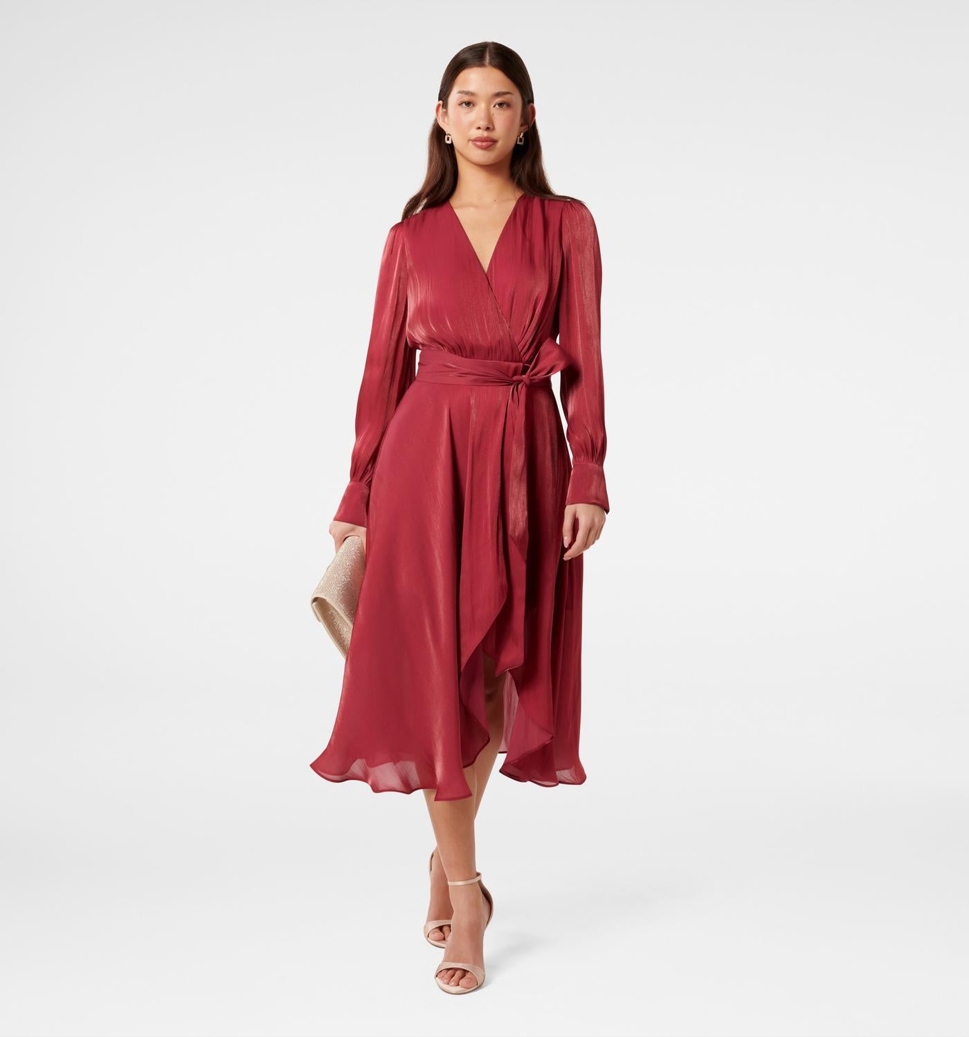 Trendy Metallic Wrap Dress in Midi Length with Shiny Fabric and Elegant Look