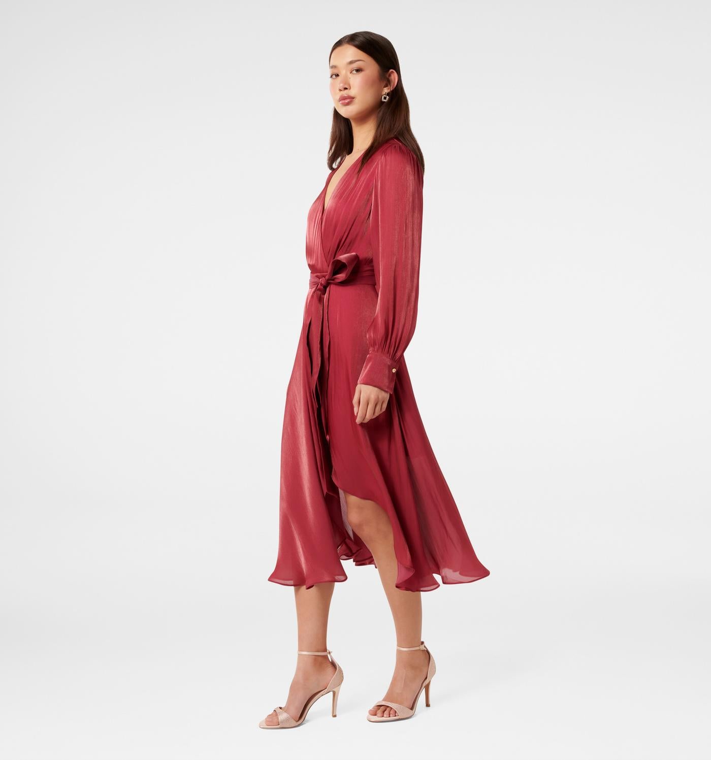 Trendy Metallic Wrap Dress in Midi Length with Shiny Fabric and Elegant Look