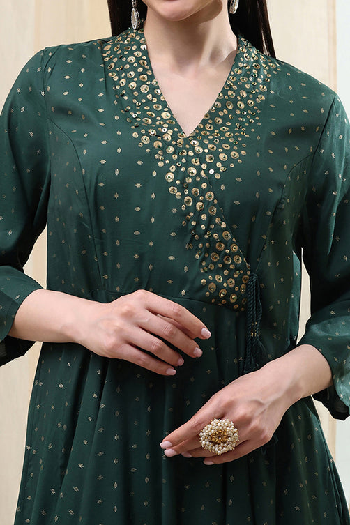 Dark Green Shantoon Anarkali Ensemble with Subtle Prints and Flowing Dupatta