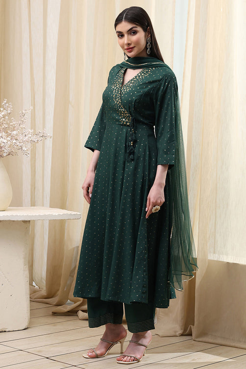 Dark Green Shantoon Anarkali Ensemble with Subtle Prints and Flowing Dupatta