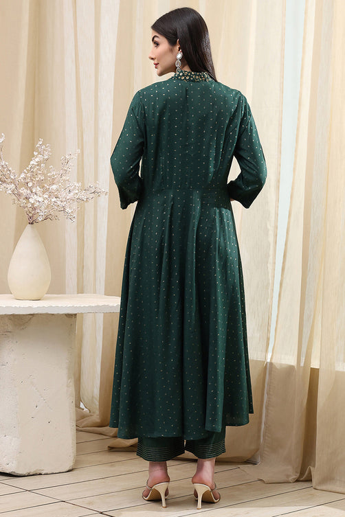 Dark Green Shantoon Anarkali Ensemble with Subtle Prints and Flowing Dupatta