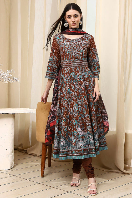 Stylish Brown Fitted Cotton Anarkali Suit with Tailored Fit and Flowing Skirt for Party and Traditional Occasions