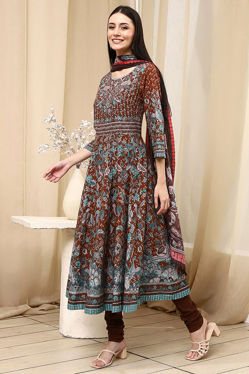 Stylish Brown Fitted Cotton Anarkali Suit with Tailored Fit and Flowing Skirt for Party and Traditional Occasions