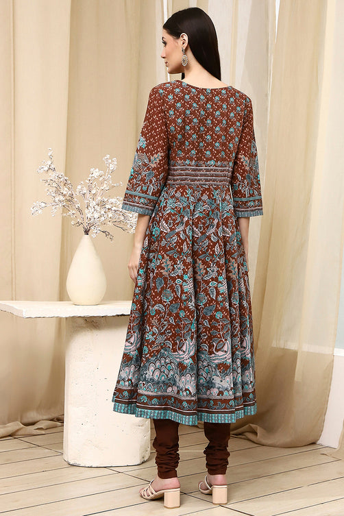 Stylish Brown Fitted Cotton Anarkali Suit with Tailored Fit and Flowing Skirt for Party and Traditional Occasions