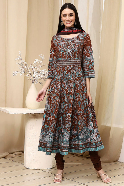 Stylish Brown Fitted Cotton Anarkali Suit with Tailored Fit and Flowing Skirt for Party and Traditional Occasions
