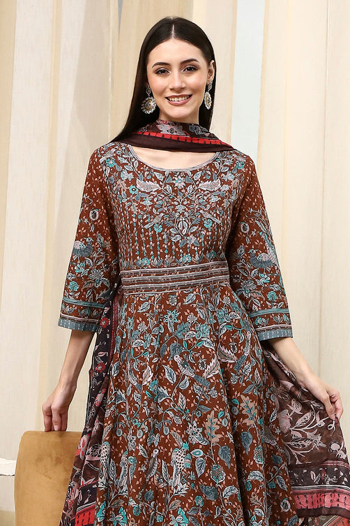 Stylish Brown Fitted Cotton Anarkali Suit with Tailored Fit and Flowing Skirt for Party and Traditional Occasions