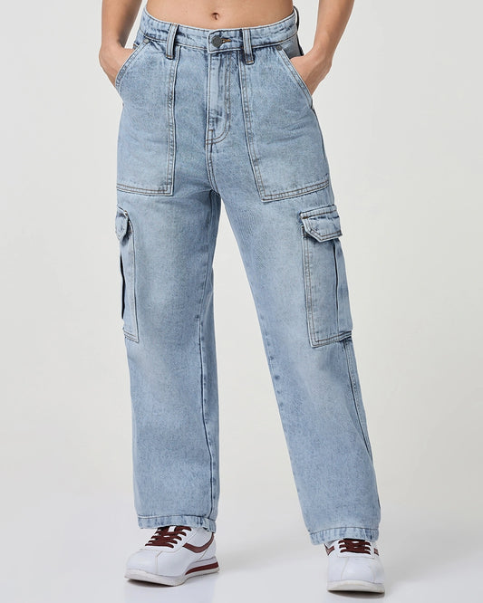 Fashionable Women’s Light Blue Straight Fit Cargo Jeans with Durable Fabric and Functional Pockets