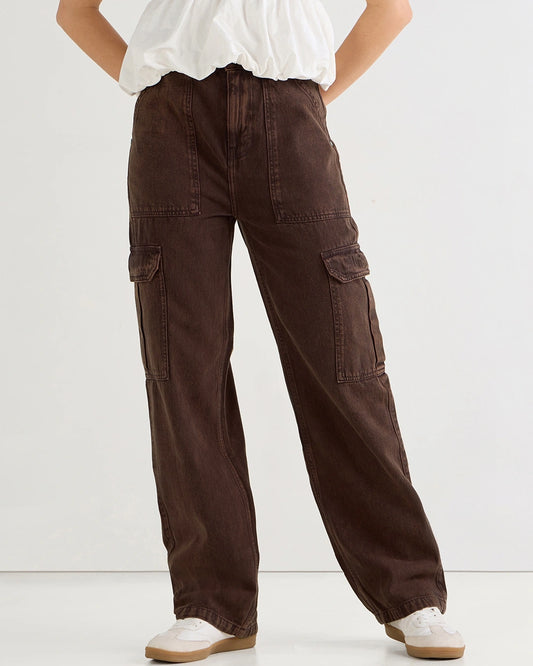 Women’s Trendy Brown Straight Fit Acid Wash Cargo Jeans for Casual and Street Style