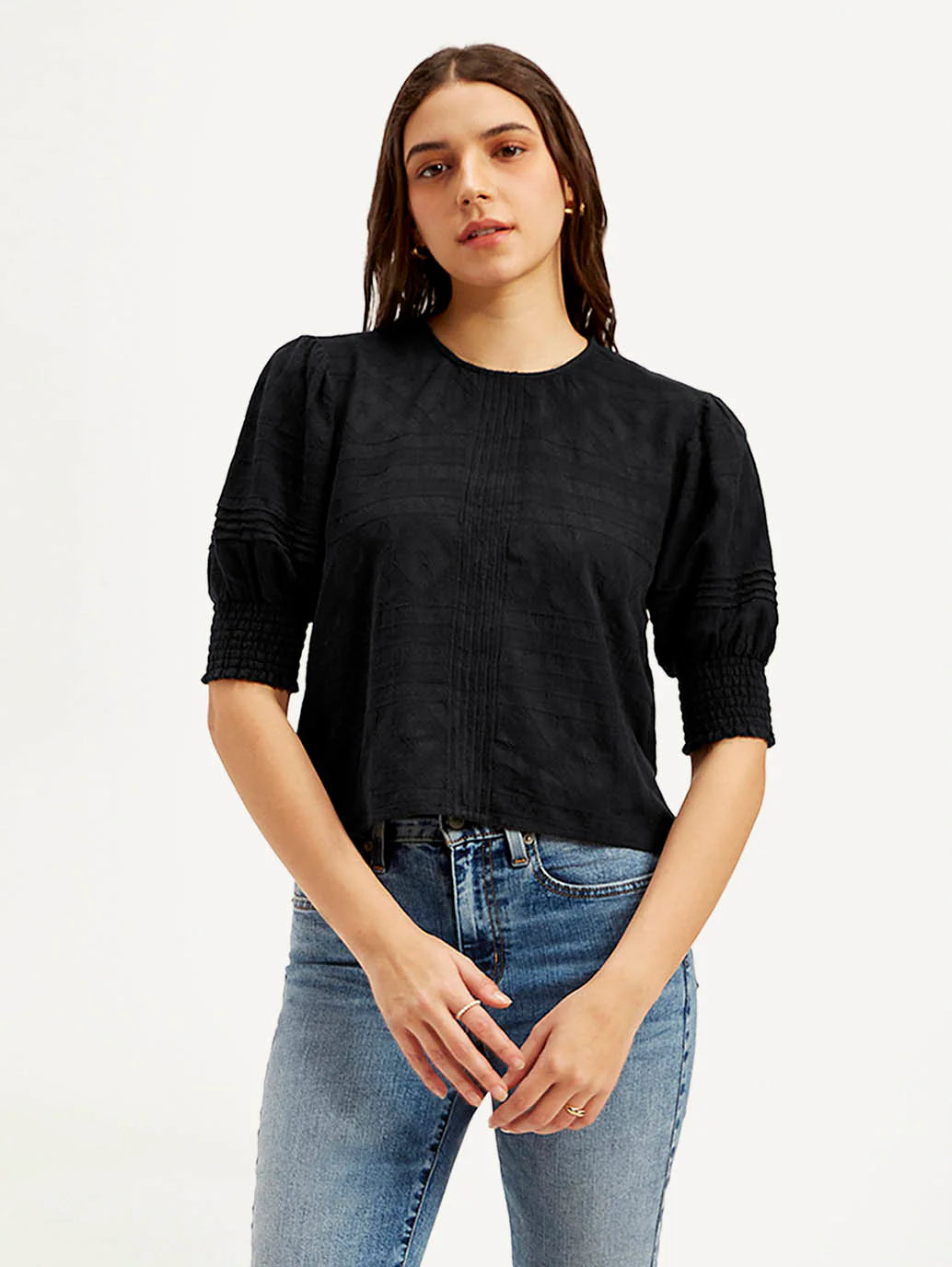 Minimalist Women’s Round Neck Top in Black with Subtle Textured Pattern