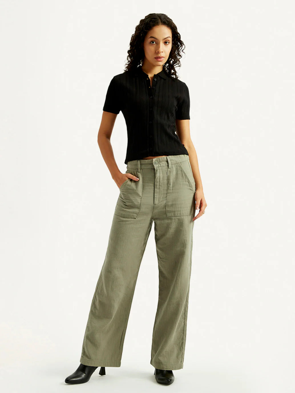 Olive Green Loose Fit Mid Rise Trousers for Women Perfect for Casual Everyday Fashion Looks