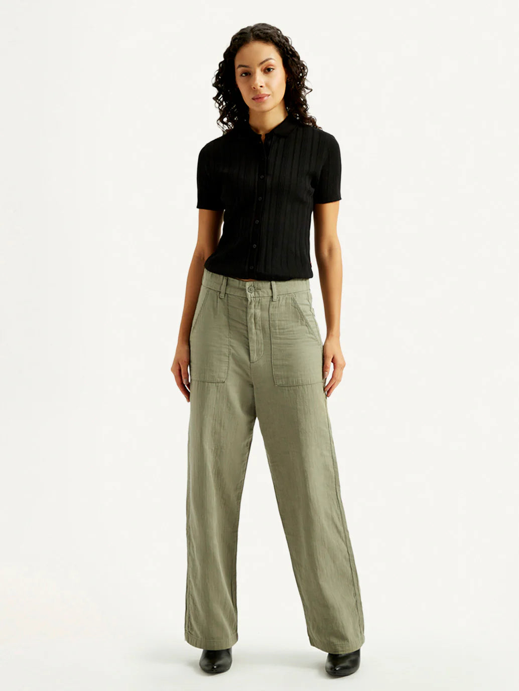 Olive Green Loose Fit Mid Rise Trousers for Women Perfect for Casual Everyday Fashion Looks