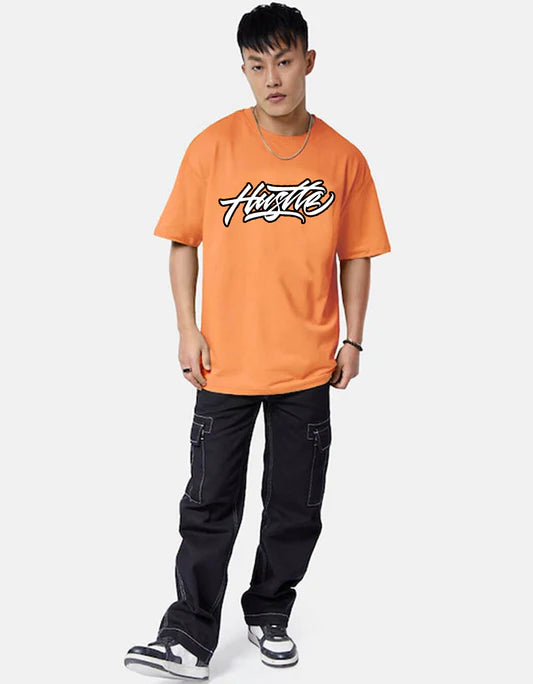 Cool Orange Oversize Round Neck T-Shirt with Trendy Back Printed Artwork