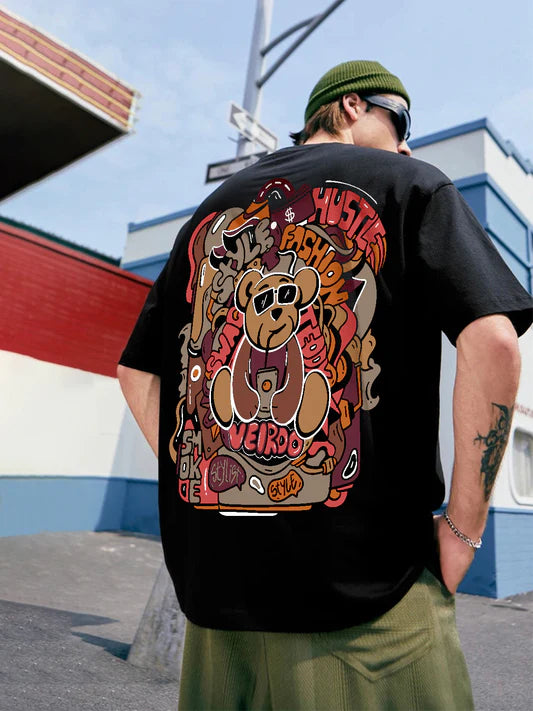Fashionable Black Oversized Cotton T-Shirt for Men with Teddy Bear Back Print