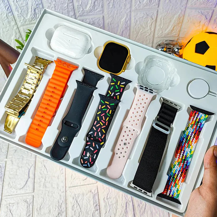 10 in 1 Smart Bluetooth Calling Smartwatch with Earphones Transparent Screen Guard and 7 Classic Straps (Mix Color)