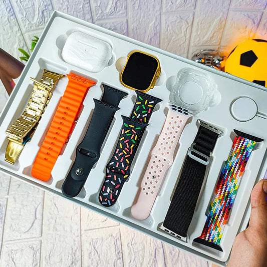 10 in 1 Smart Bluetooth Calling Smartwatch with Earphones Transparent Screen Guard and 7 Classic Straps (Mix Color)