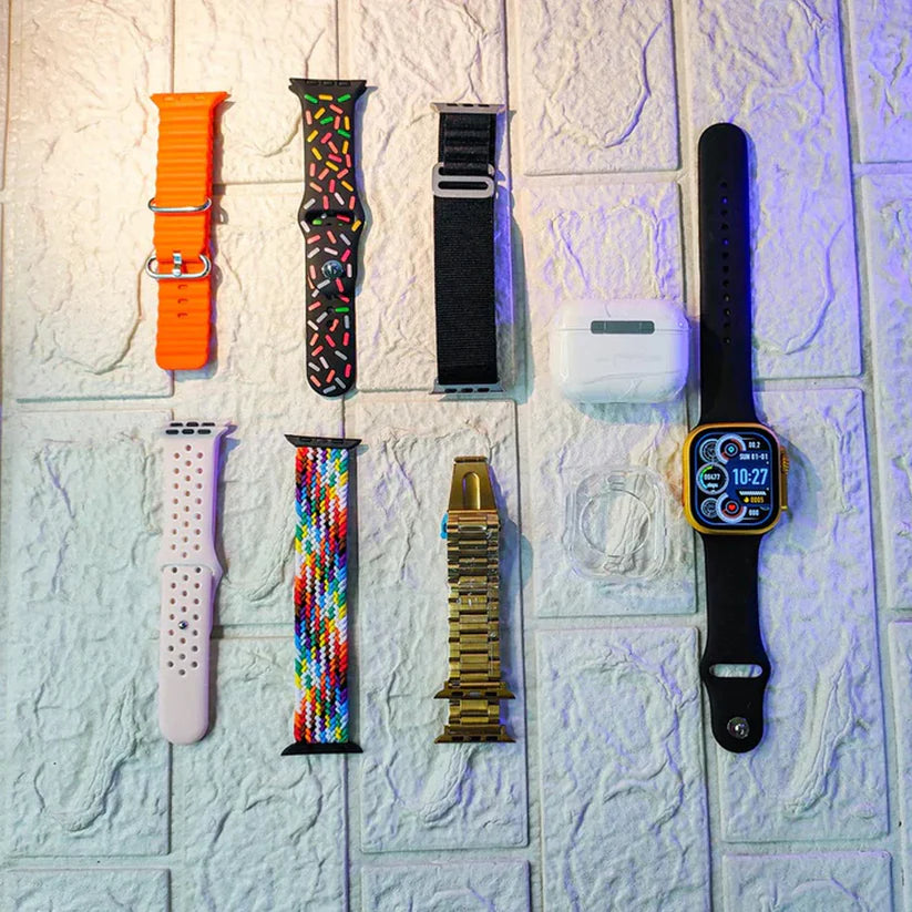 10 in 1 Smart Bluetooth Calling Smartwatch with Earphones Transparent Screen Guard and 7 Classic Straps (Mix Color)