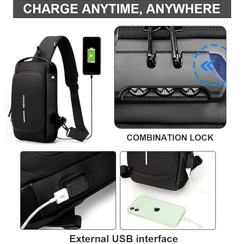 Fashionable Anti-Theft Sling Bag Crossbody with USB Charging Port for Men and Women