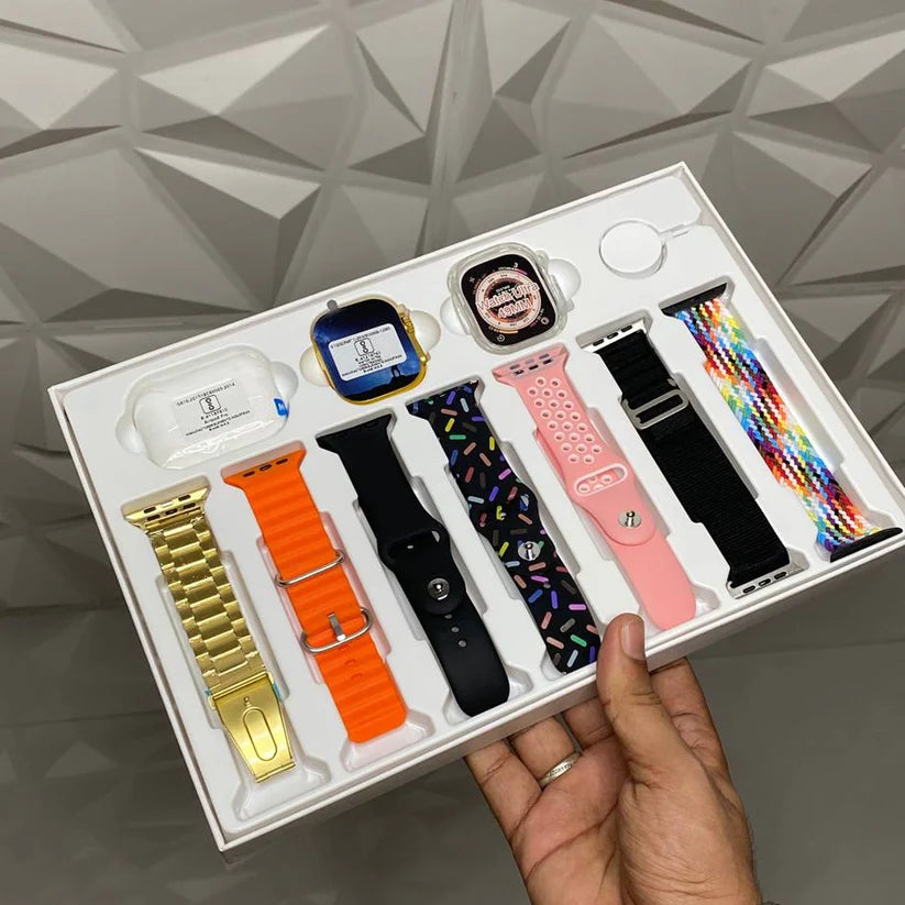 10 in 1 Smart Bluetooth Calling Smartwatch with Earphones Transparent Screen Guard and 7 Classic Straps (Mix Color)