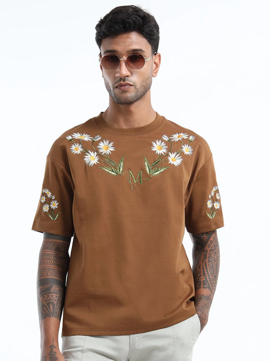 Stylish Brown Loose-Fit Round Neck T-Shirt for Men with Soft Touch Fabric